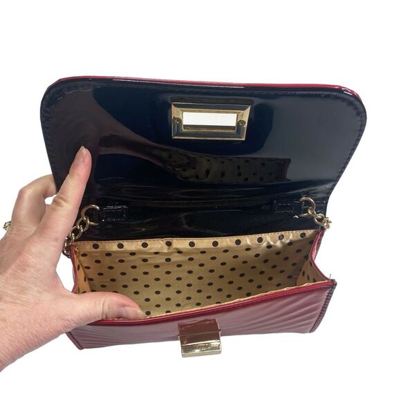 Small Red Patent Leather Clutch Handbag Bag Gold Chain Strap Polka Dot Lining - Picture 9 of 12